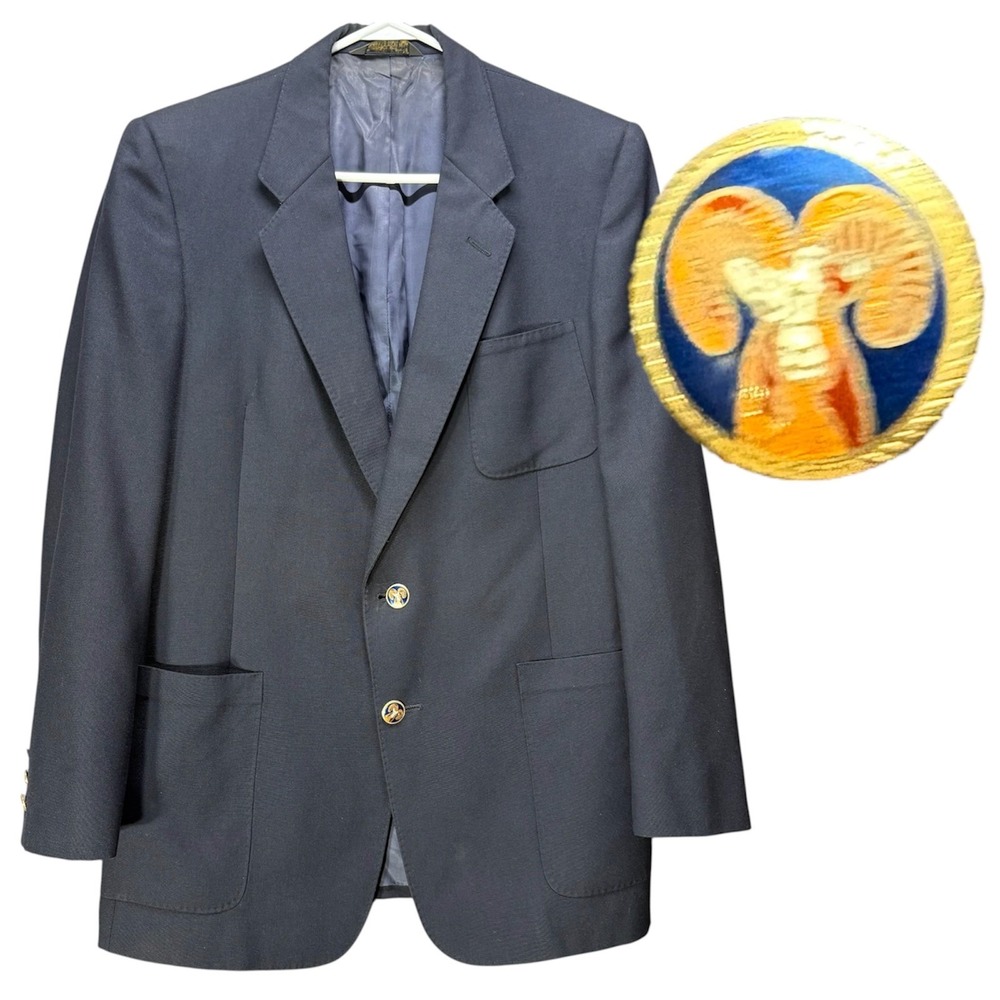 VTG Christian Dior Monsieur Blazer Men's 40 Navy Wool Gold Ram Bighorn Buttons‎